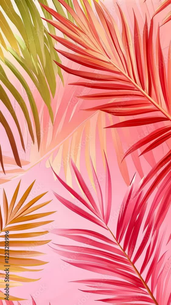 Red palm leaves on pink background, tropical summer wallpaper for mobile phone and tablet screen creating a stylish and exotic atmosphere Red palm leaves on pink background, tropical summer wallpaper for mobile phone and tablet screen creating a stylish and exotic atmosphere