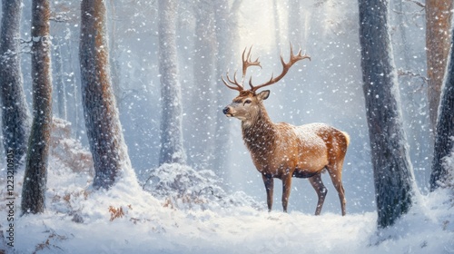 Majestic stag in snowy winter forest with falling snowflakes
