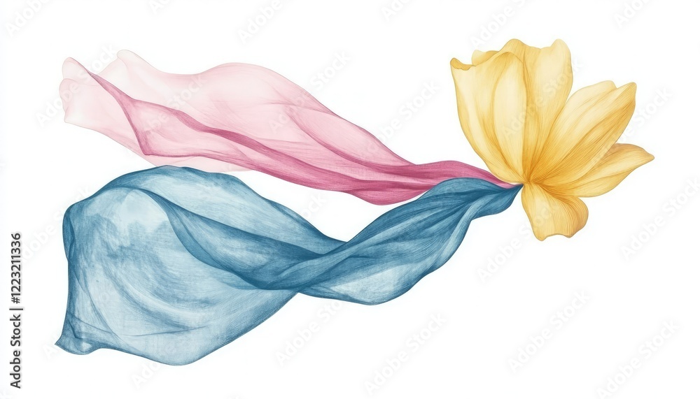 Fototapeta premium Flowing silk fabric in soft pastel colors with a yellow flower, creating a serene and artistic composition