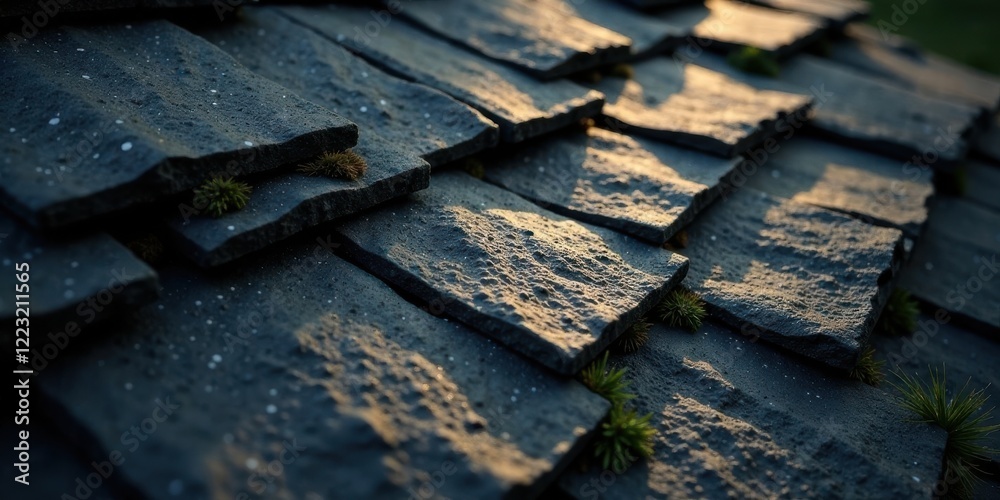 Textured Dark Stone Roof Tiles with Emerging Vegetation at Sunset Textured Dark Stone Roof Tiles with Emerging Vegetation at Sunset