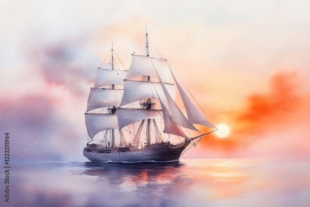 Fototapeta premium A watercolor painting of a considerably large ship sailing across a calm sea at sunset, with warm tones reflecting off the water and the ship massive sails catching the wind
