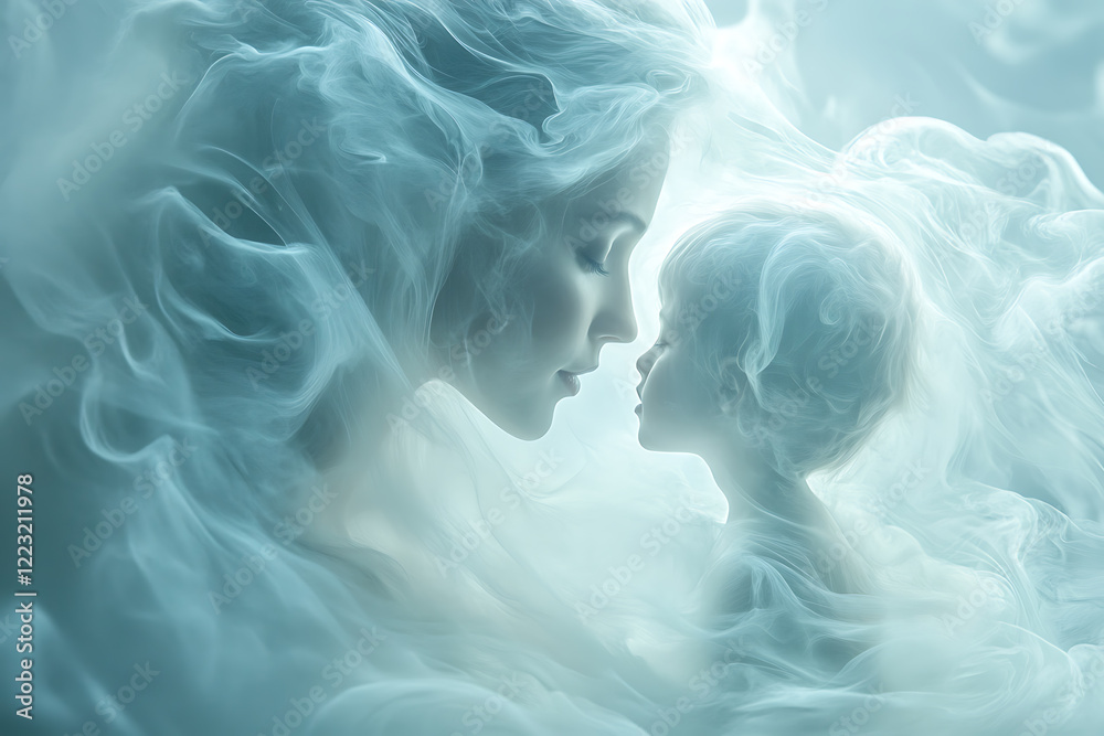 A serene and ethereal depiction of white mist forming the shape of a mother and son embracing, set against a soft, atmospheric background. A serene and ethereal depiction of white mist forming the shape of a mother and son embracing, set against a soft, atmospheric background.