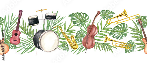 Canvas Print Watercolor saxophone, trombone, trumpet, guitar, contrabass, drum kit with tropical green leaves seamless banner