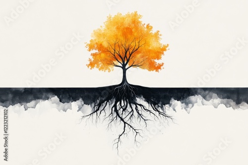 A watercolor painting of a large, sprawling tree with roots and branches intricately connected, symbolizing comprehensive growth and interconnection