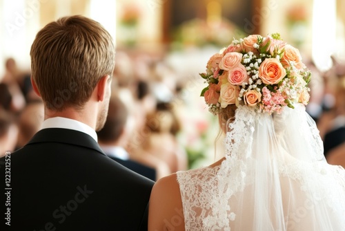 A wedding party quietly listening as a celebrant reads vows, respecting the solemnity of the ceremony