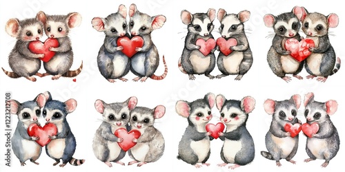 Watercolor Possum Couples in Love Holding Hearts - Adorable watercolor possum couples sharing hearts, symbolizing love, affection, togetherness, romance, and Valentine's Day. photo