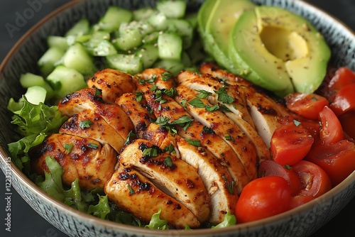 A bowl of salad with blackened chicken, avocado, and green leaf lettuce photo