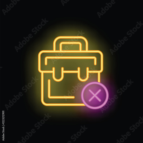Glowing neon briefcase with a bright cross mark, symbolizing business failure