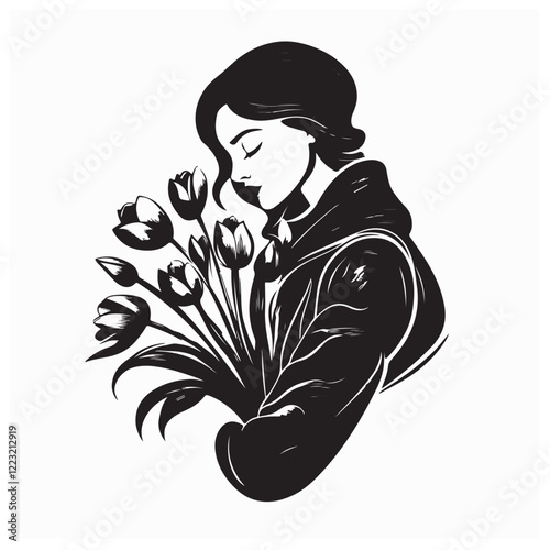 Stylish Young Woman in a Jacket, Gently Holding a Bucket Filled with Colorful Tulips