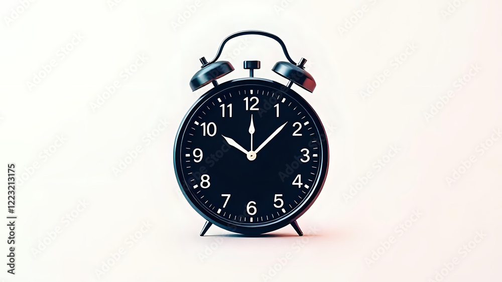 classic black twin bell alarm clock standing against a plain background, showing a specific time, conveying a sense of time