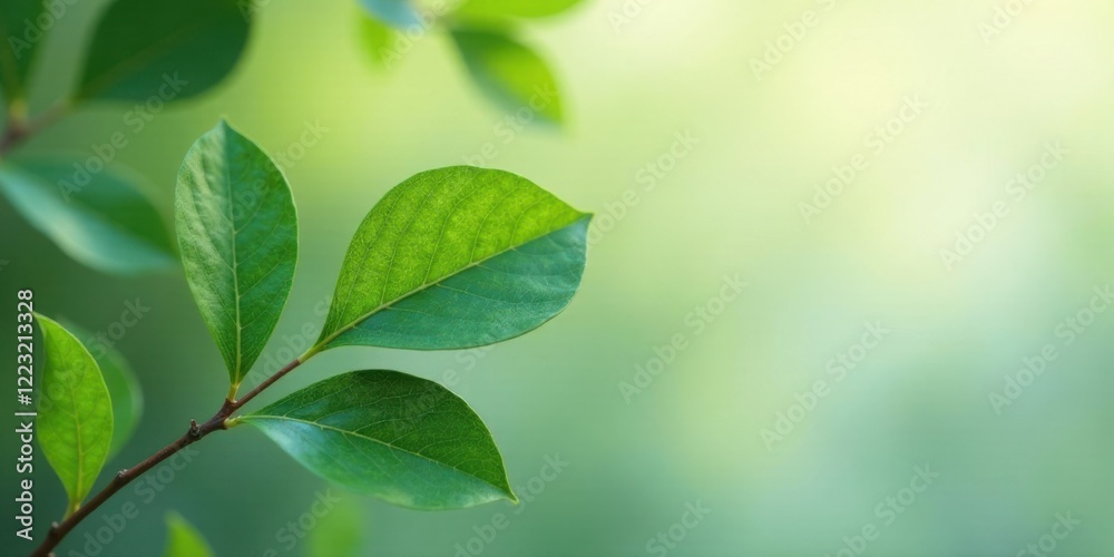 Naklejka premium A Close-Up View of Vibrant Green Leaves on a Branch Against a Soft, Blurred Background, Representing the Beauty of Nature and the Tranquility of the Outdoors