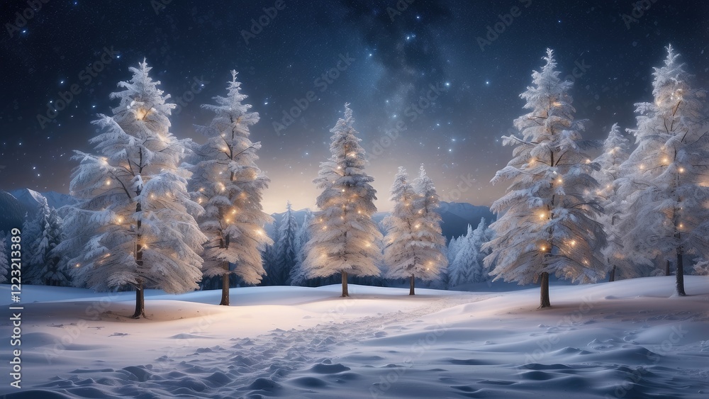 Fototapeta premium A serene winter landscape featuring snow-covered evergreen trees adorned with twinkling lights.