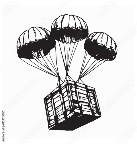 Wooden crate in the sky being delivered with parachutes image vector.