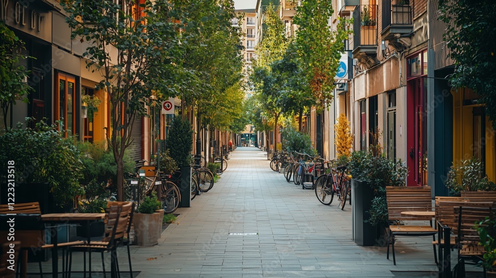 Fototapeta premium Serene Urban Alleyway with Greenery and Charming Cafes in Focus