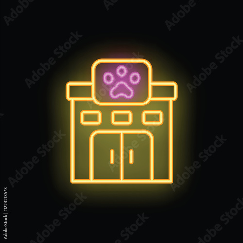 Neon veterinary clinic sign with glowing paw print icon indicating location of services for pets