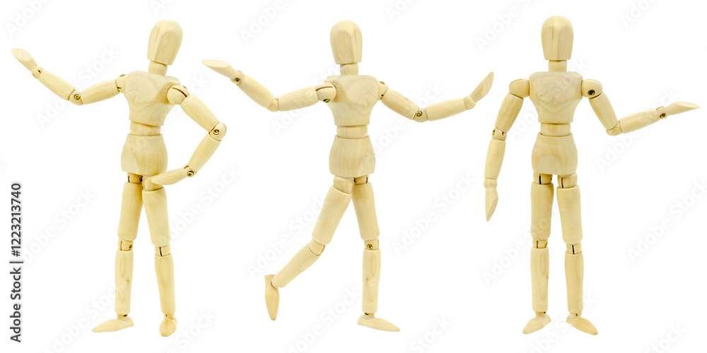 Set wooden men in different poses, isolated on white background. Figurine Wooden mannequin Set wooden men in different poses, isolated on white background. Figurine Wooden mannequin
