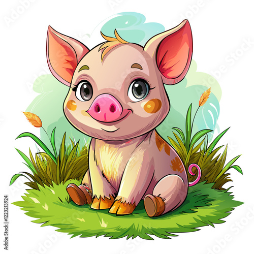 Vector illustration of a baby piglet on the grass on white background - Generative AI

