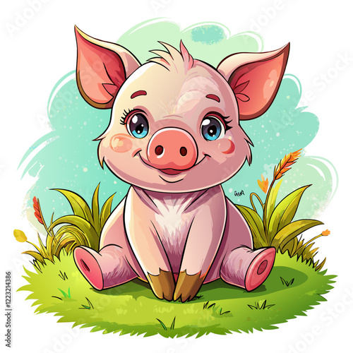 Vector illustration of a baby piglet on the grass on white background - Generative AI
