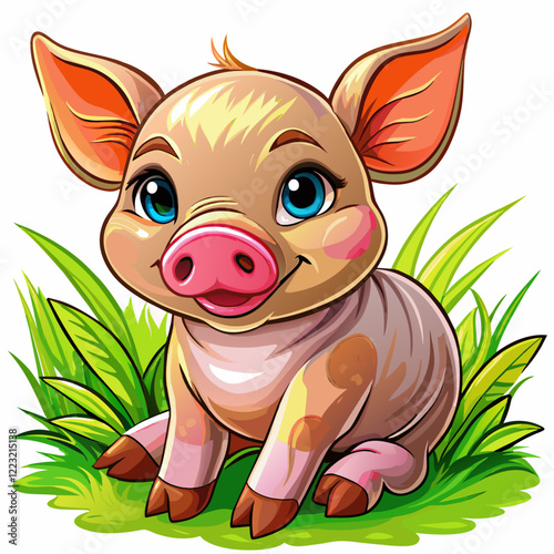 Vector illustration of a baby piglet on the grass on white background - Generative AI
