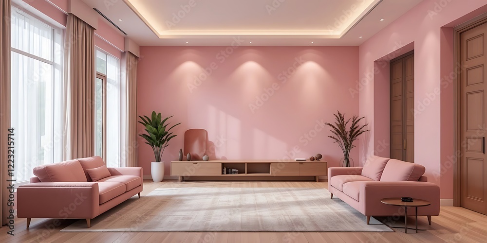 Fototapeta premium Pink Living Room Interior Design With Modern Sofas