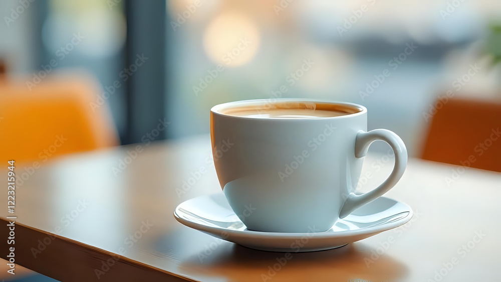 a white cup of coffee sitting on a matching saucer on a wooden table, with a blurred background of a window and chairs a white cup of coffee sitting on a matching saucer on a wooden table, with a blurred background of a window and chairs