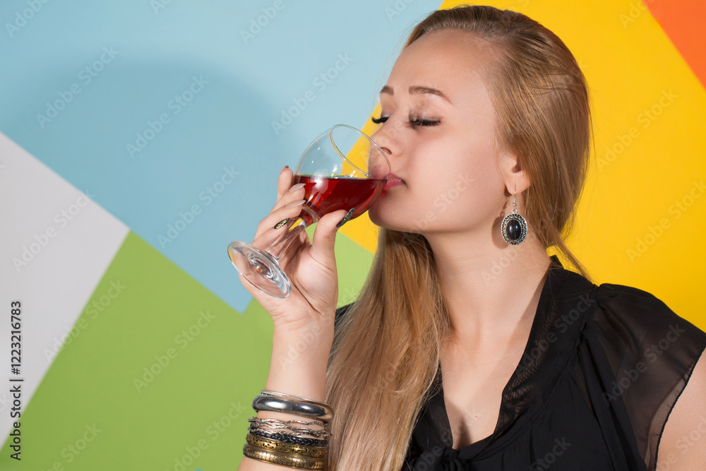 A blonde woman holding two glasses of red wine and smiling