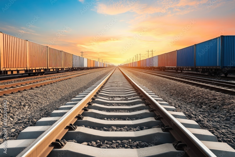 Fototapeta premium Cargo trains waiting on railway at sunset for global logistics and transportation