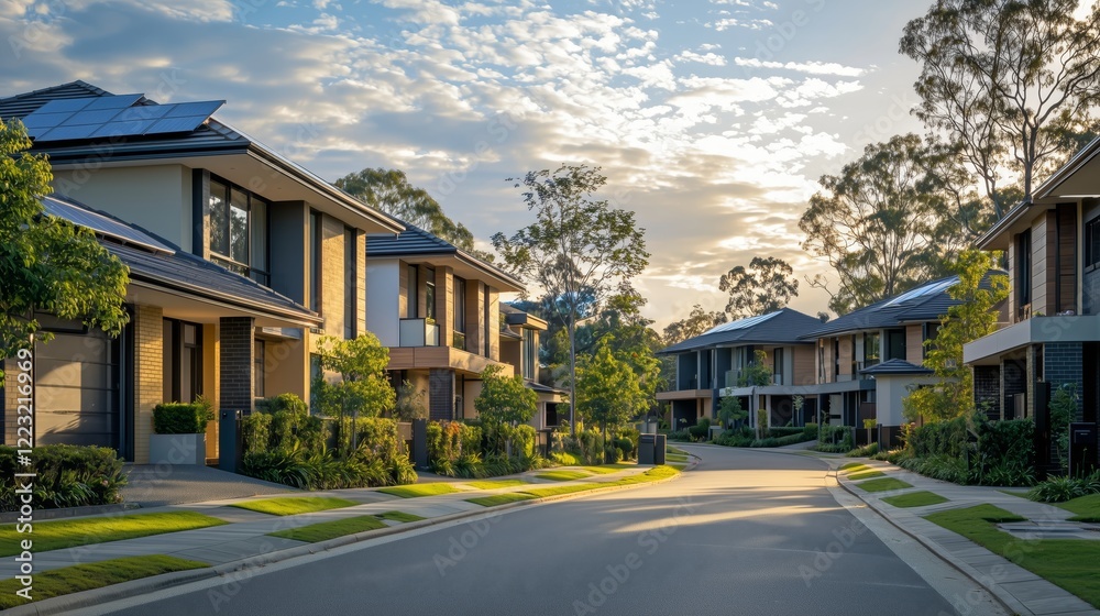 Serene Neighborhood with Modern Homes and Lush Greenery at Sunset Serene Neighborhood with Modern Homes and Lush Greenery at Sunset