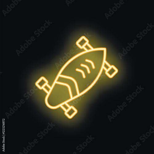 Yellow neon icon of a longboard skateboard glowing against a dark background, perfect for designs related to skateboarding, urban sports, and recreation