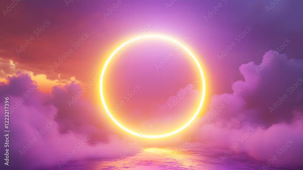 Naklejka premium Glowing Neon Circle in Vibrant Sunset Clouds