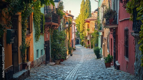 Charming Cobbled Street Surrounded by Colorful Houses and Greenery