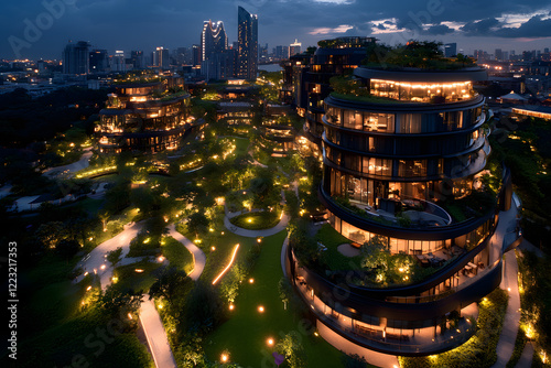 Luxuriöse Öko-Architektur in der Abenddämmerung – Nachhaltiges Wohnen mit Skyline-Blick
 photo