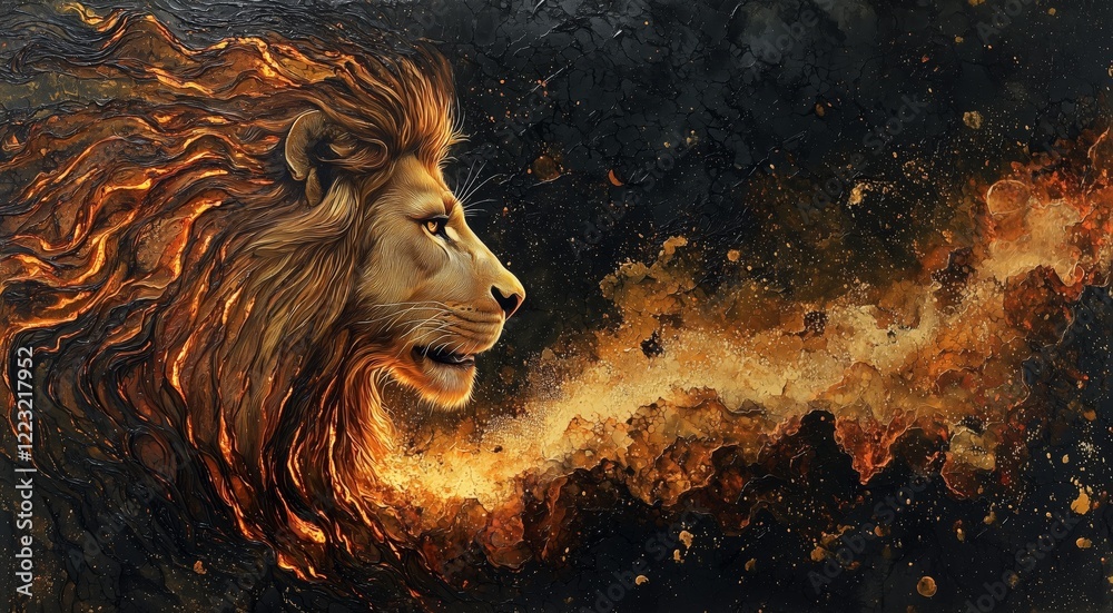 Naklejka premium Majestic Lion with Fiery Mane Against Dark Cosmic Background