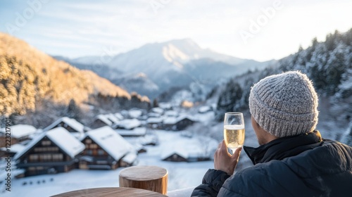 Enjoying breathtaking snowy mountain views with a glass of champagne in a cozy winter village getaway. Perfect retreat!