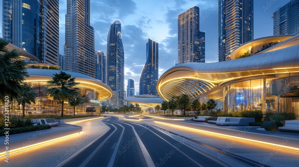 Fototapeta premium Modern Urban Landscape at Dusk with Futuristic Architecture and Lights