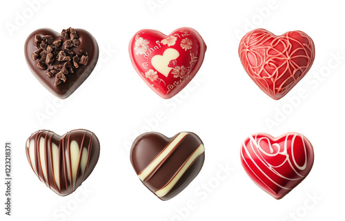 Collection of heart-shaped chocolate in Valentine's theme. isolated on white background. Valentine's gift, decoration, bakery concept. isolated, transparent, png.
