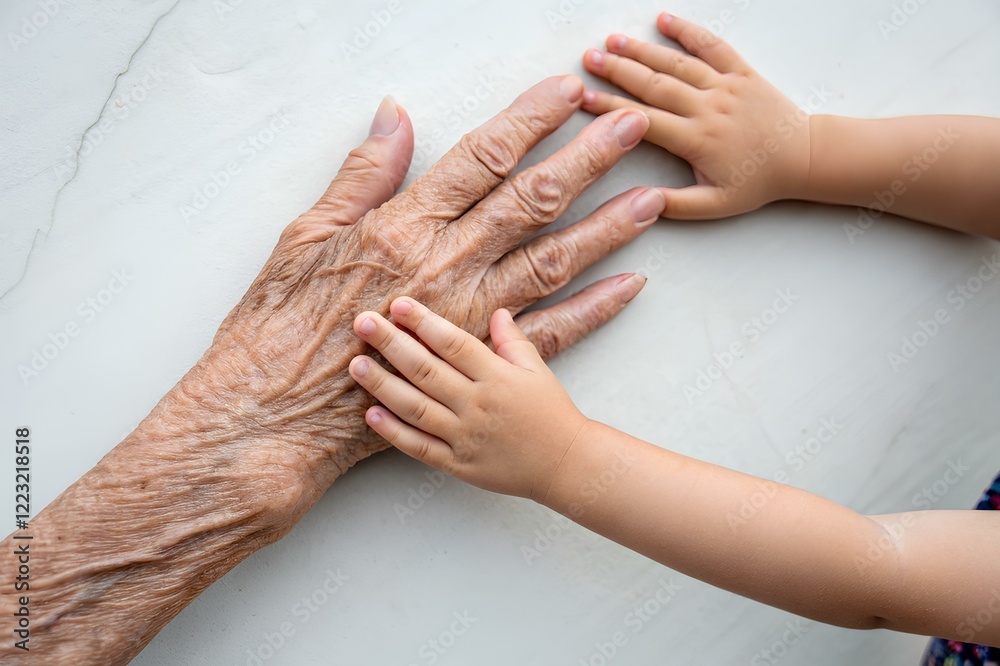 Fototapeta premium Hands of an old woman and hands of a child on a light background, old skin and young, wrinkles on the hands, rough old fingers and a child's hand 