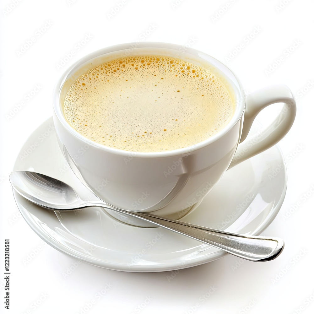 Creamy coffee cup, saucer, spoon, white background; breakfast menu Creamy coffee cup, saucer, spoon, white background; breakfast menu