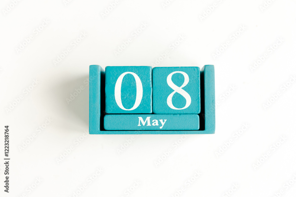 May 8. Blue cube calendar with month date isolated on white background. May 8. Blue cube calendar with month date isolated on white background.