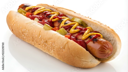 Hot dog - grilled sausage in bun with sauces isolated on white background photo