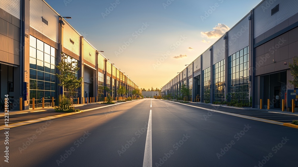 Industrial Warehouse Exteriors with Sunset Sky and Empty Road Industrial Warehouse Exteriors with Sunset Sky and Empty Road