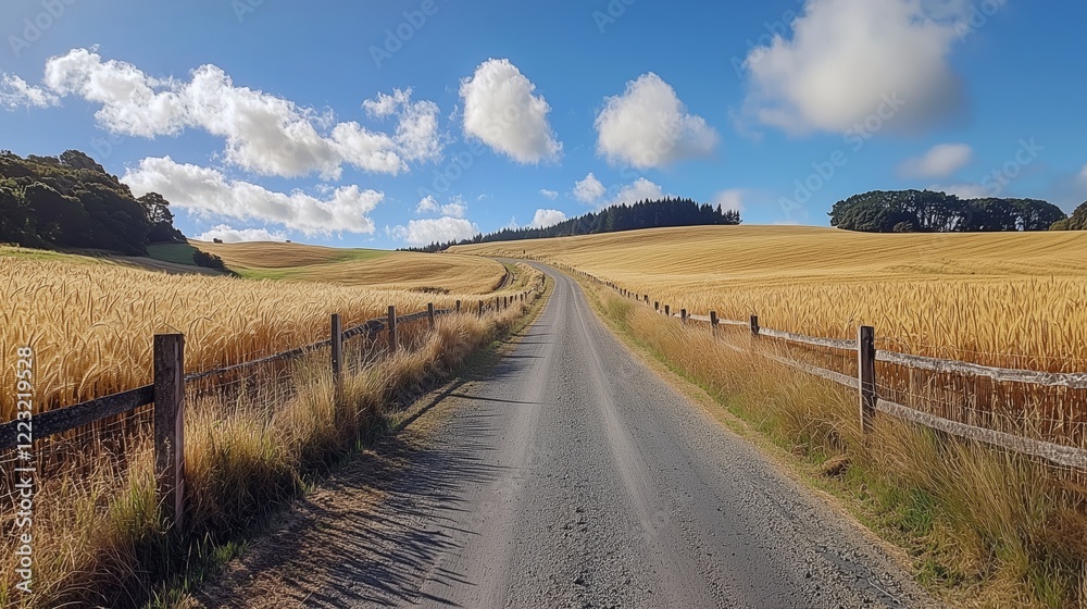 Fototapeta premium Serene Country Road Through Golden Wheat Fields Under Blue Sky