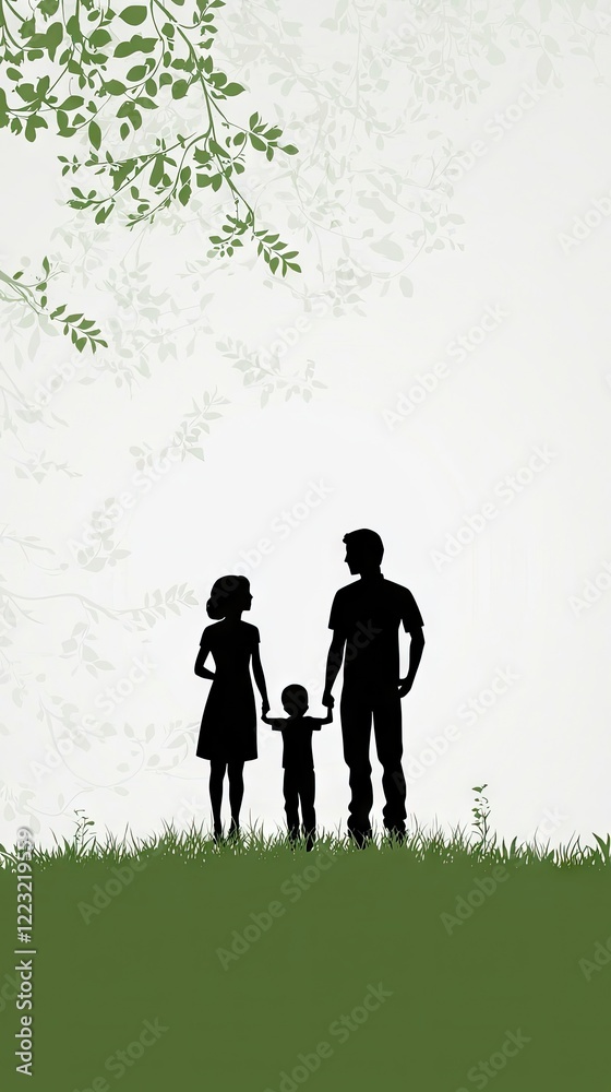 Family silhouette, park, nature, green, unity, summer, togetherness, poster, card Family silhouette, park, nature, green, unity, summer, togetherness, poster, card