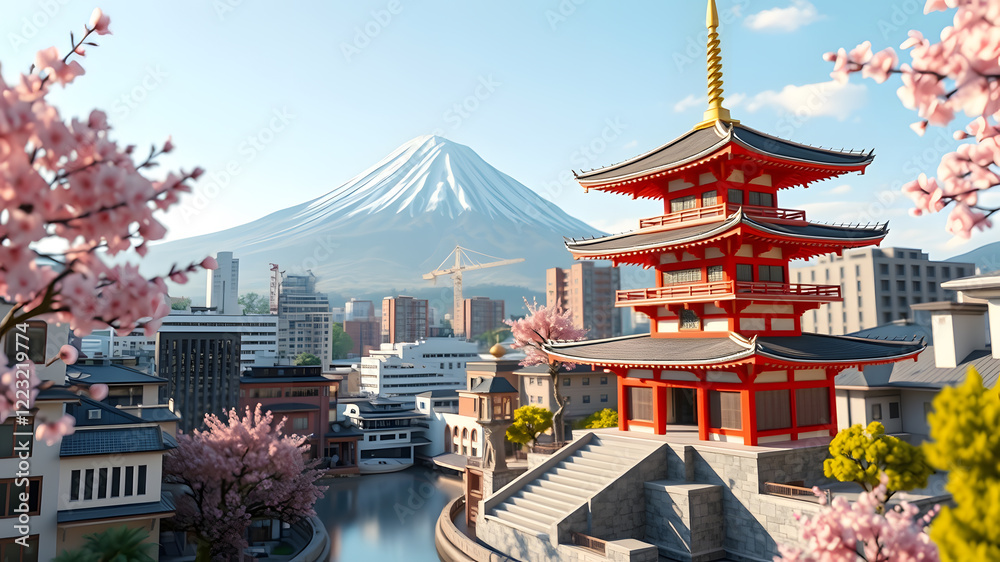 Fototapeta premium Origami cityscape with pagoda and sakura blooms