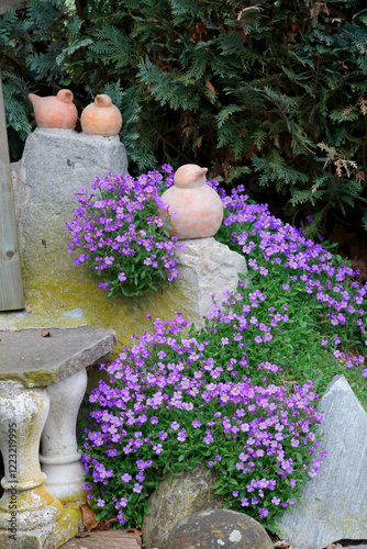 Steingarten, Steinmauer mit Blaukissen und Deko-Vögel photo