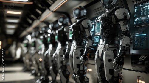 Wallpaper Mural Futuristic Exoskeleton Suits Lined in Military Chamber Featuring Holographic Panels With Specifications and Status Updates Torontodigital.ca