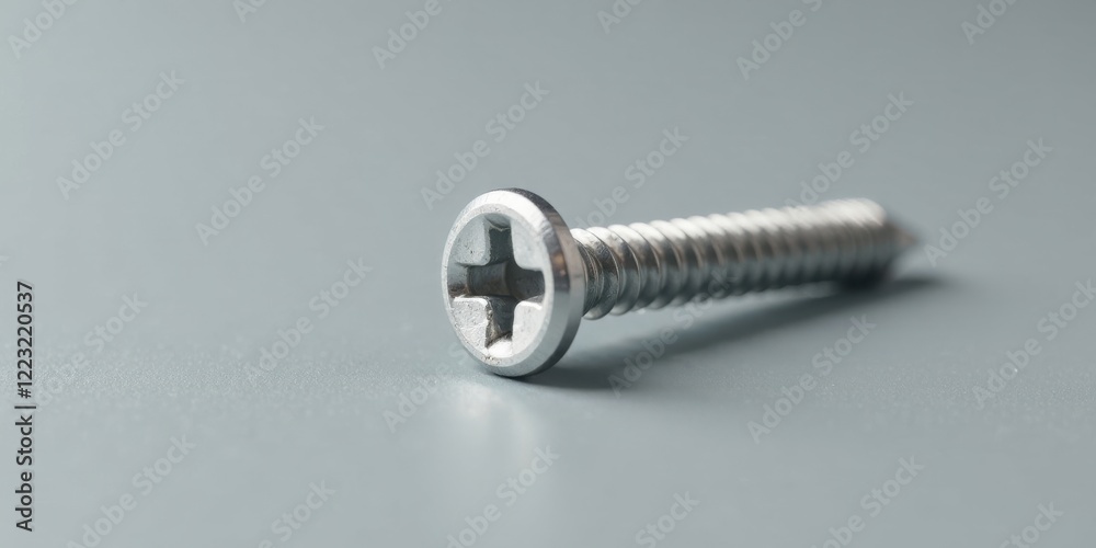 Close-up view of a single metallic screw with a crosshead on a smooth, neutral surface Close-up view of a single metallic screw with a crosshead on a smooth, neutral surface