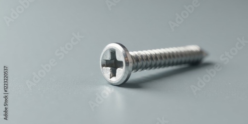 Close-up view of a single metallic screw with a crosshead on a smooth, neutral surface photo