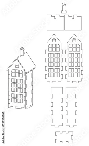 Vector layout, cutting, template, stencil, design of a decorative plywood pendant house, and visualization of the assembled product. Decoration for interior, Christmas tree, New Year's holidays. 