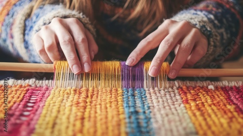 A person's hands weaving a colorful rug.